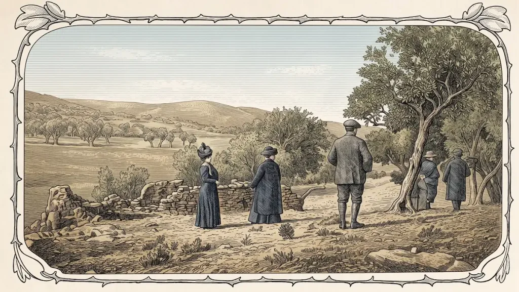 Ilustração vitoriana de pessoas numa paisagem rural arborizada