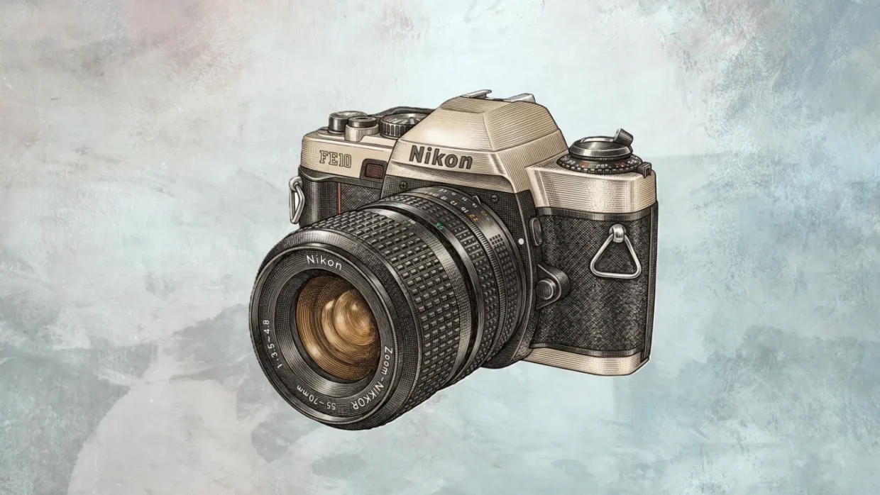 Ilustração de câmara fotográfica Nikon vintage com objectiva grande