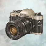 Ilustração de câmara fotográfica Nikon vintage com objectiva grande
